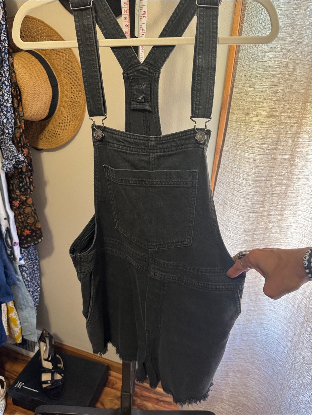 aerie Black Denim Short Overalls with Bib Pocket